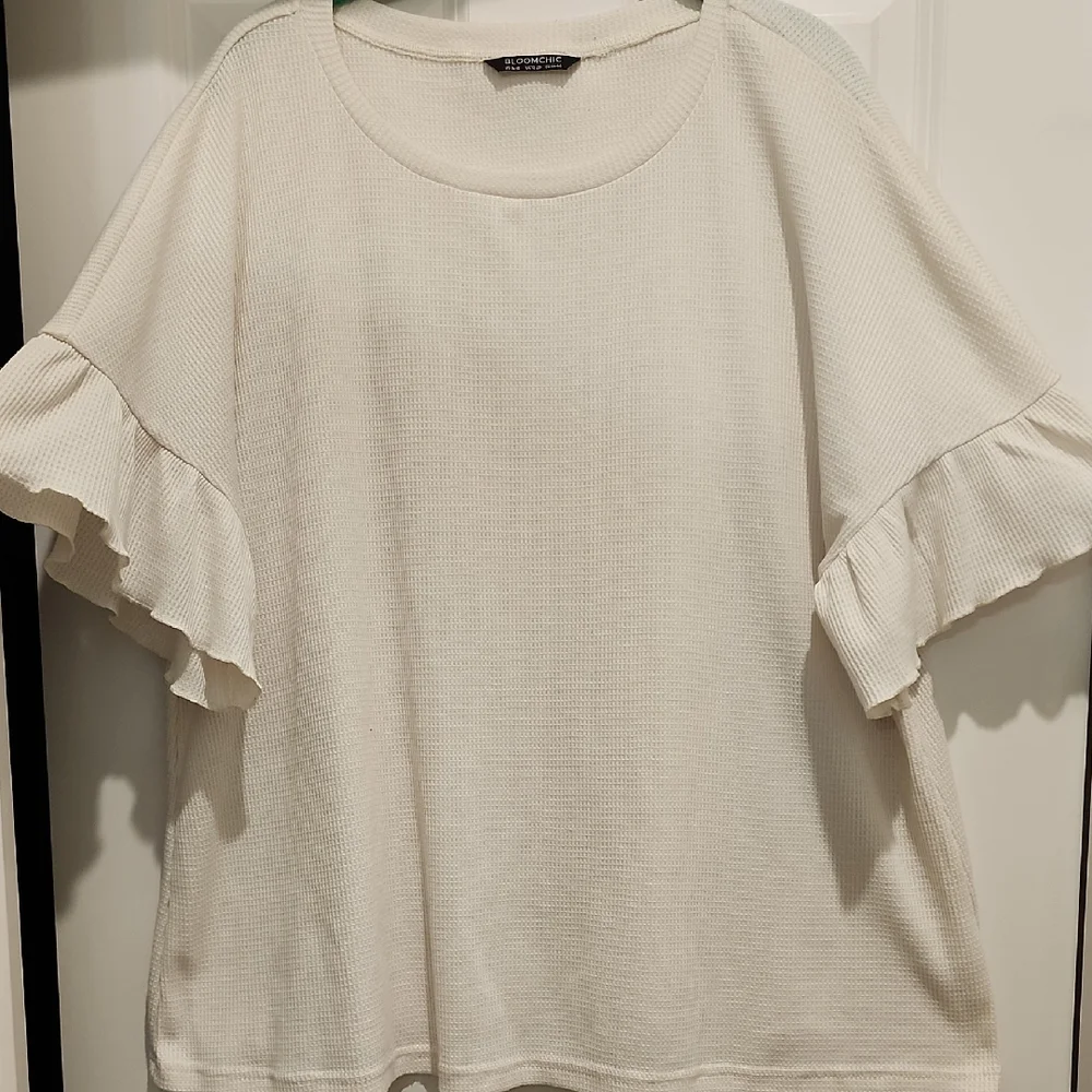 Bloomchic Waffle Knit Ruffled Sleeve Top - Cream 1x - Picture 1 of 6
